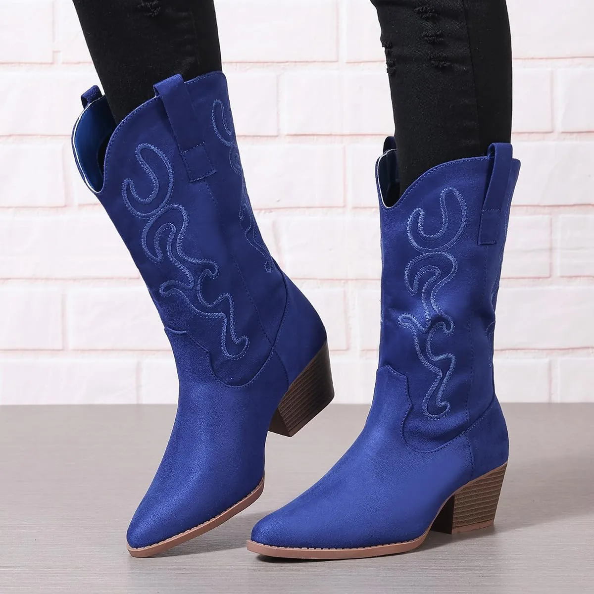 Bandkos Cowboy Boots for Women Cowgirl Mid Calf Western Embroidered Boot Low Chunky Block Heel Fashion Boots