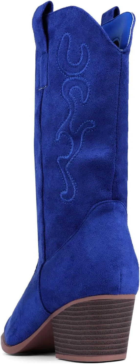 Bandkos Cowboy Boots for Women Cowgirl Mid Calf Western Embroidered Boot Low Chunky Block Heel Fashion Boots