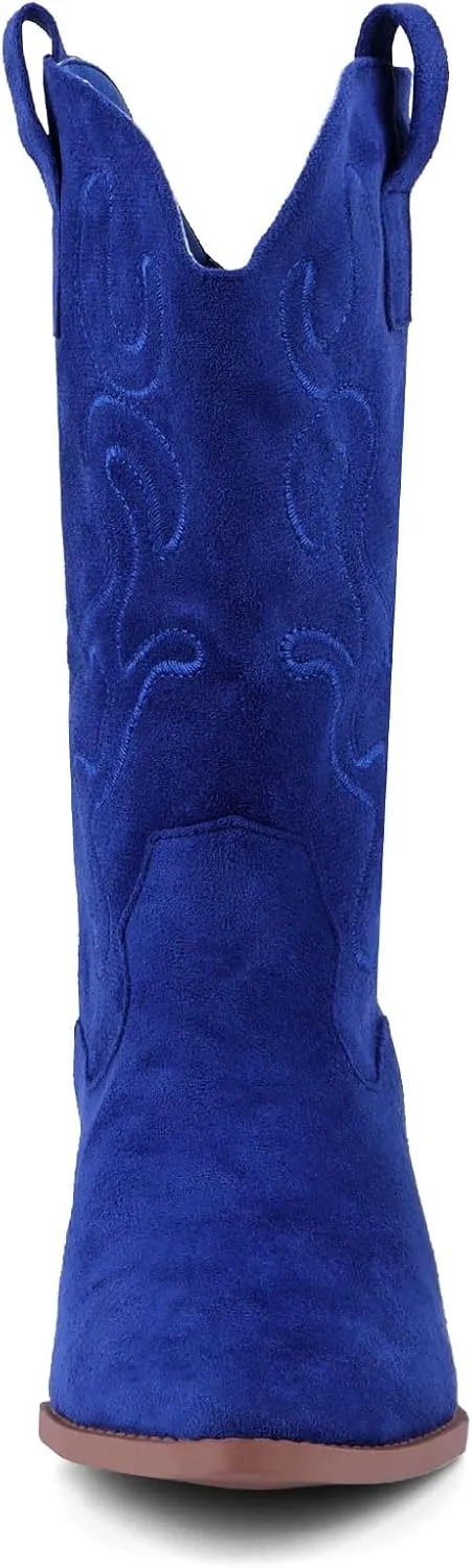 Bandkos Cowboy Boots for Women Cowgirl Mid Calf Western Embroidered Boot Low Chunky Block Heel Fashion Boots