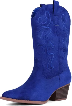 Bandkos Cowboy Boots for Women Cowgirl Mid Calf Western Embroidered Boot Low Chunky Block Heel Fashion Boots