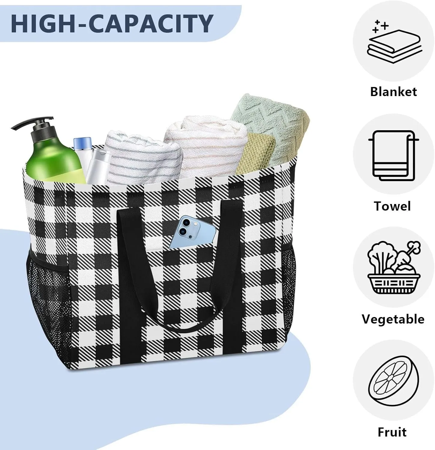 Beach Bag for Women Buffalo Plaid Check Red Sandproof Pool Bags Large Canvas Tote Bag with Pocket for Pool Travel Gym Beach