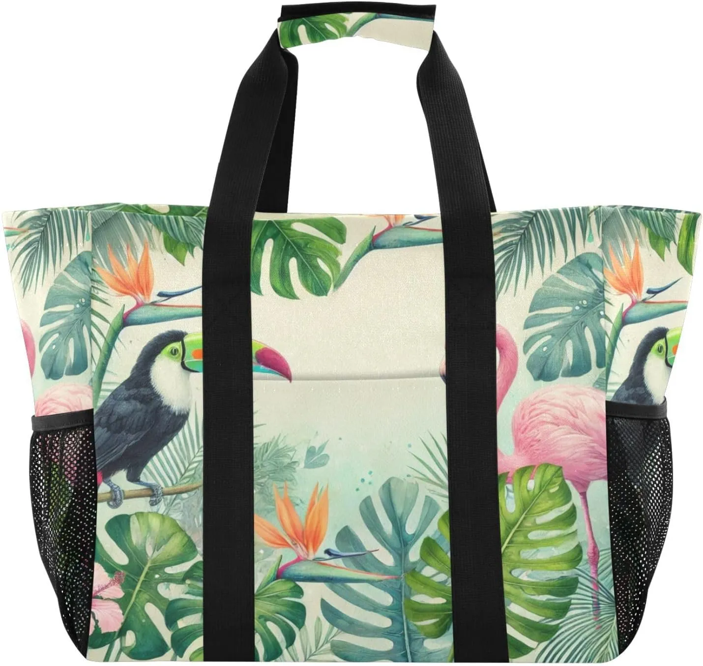 Beach Bag for Women Flamingo Leaves Beige Sandproof Pool Bags with Pocket Large Canvas Tote Bag for Beach Travel Gym Pool
