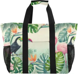 Beach Bag for Women Flamingo Leaves Beige Sandproof Pool Bags with Pocket Large Canvas Tote Bag for Beach Travel Gym Pool