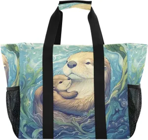 Beach Bag for Women Otter Seaweed Bubbles Teal Canvas Tote Bag Sandproof Large Pool Bags with Pocket for Pool Travel Gym Beach