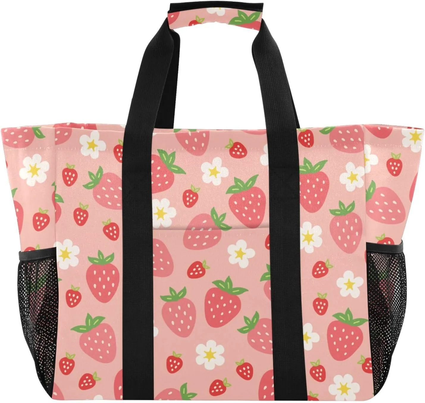 Beach Bag for Women Strawberry Flowers Floral Large Canvas Tote Bag Sandproof Pool Bags with Pocket for Beach Pool Travel Gym