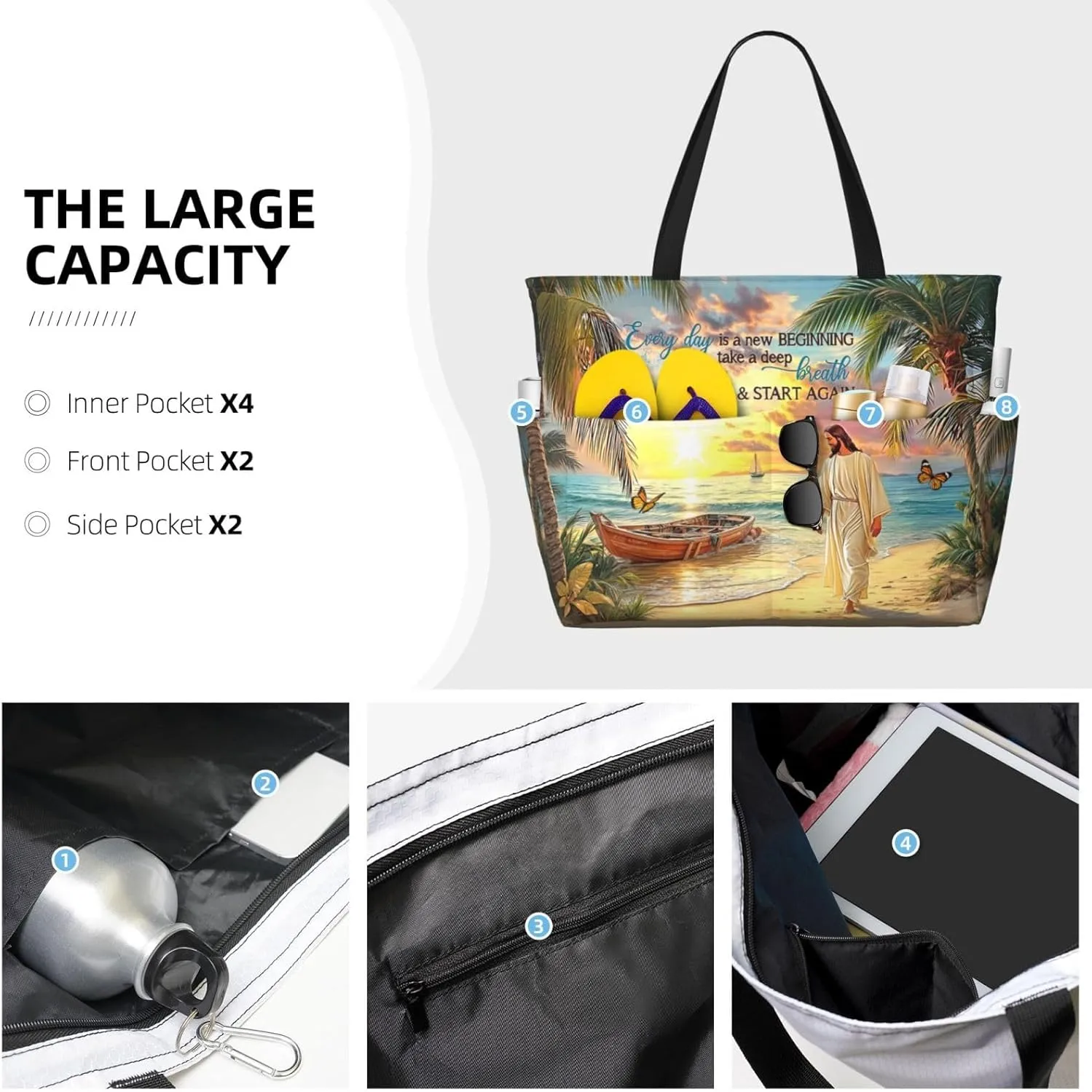 Beach Bags for Women Waterproof Sandproof Women Tote Bag, Large Beach Bag with Zipper for Pool Gym Travel Vocation