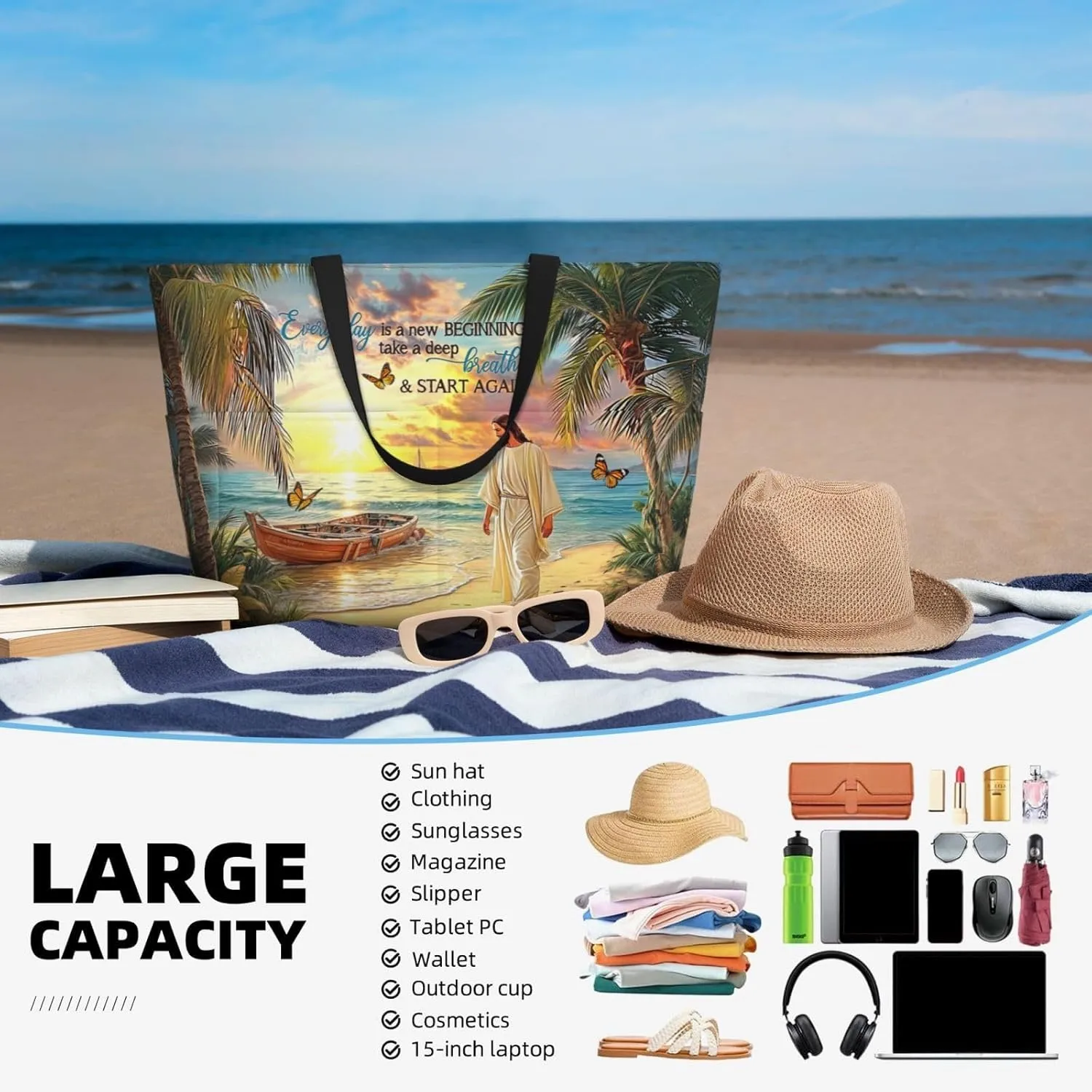 Beach Bags for Women Waterproof Sandproof Women Tote Bag, Large Beach Bag with Zipper for Pool Gym Travel Vocation