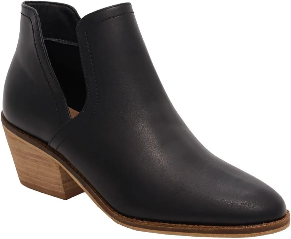 Beast Sunny-01 Women Western Short Ankle Pointed Toe Booties Boots V Side Cut D'Orsay Leather Block Heel