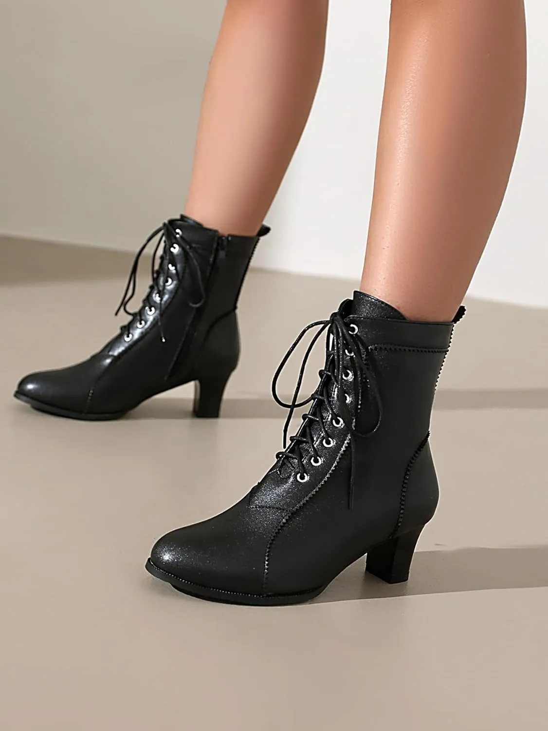 BEAUPAS Women's Lace-Up Combat Boots Block Heel Ankle Booties Mid Heel Victorian Boots