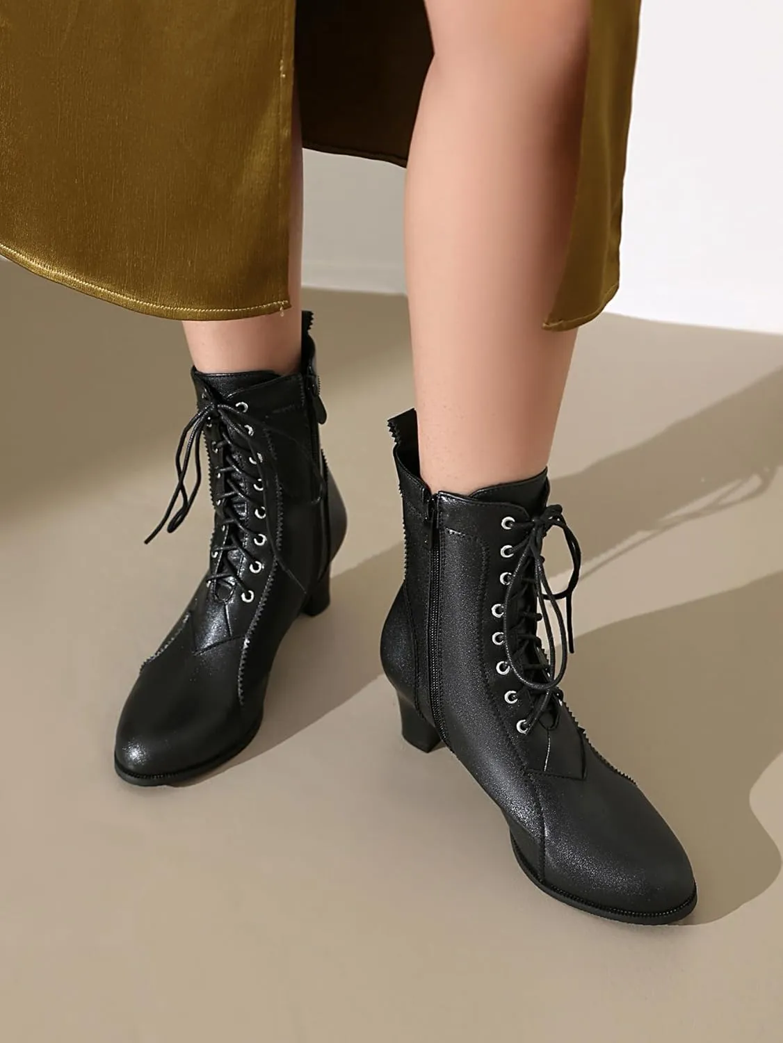 BEAUPAS Women's Lace-Up Combat Boots Block Heel Ankle Booties Mid Heel Victorian Boots