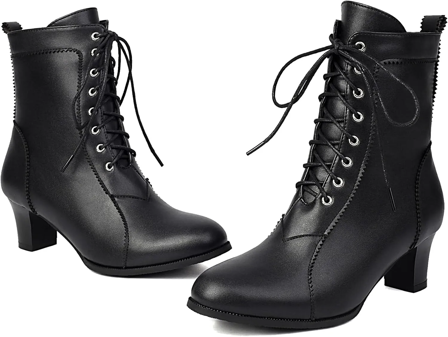BEAUPAS Women's Lace-Up Combat Boots Block Heel Ankle Booties Mid Heel Victorian Boots