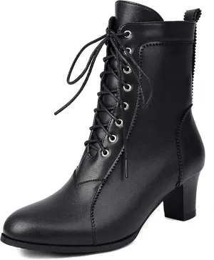 BEAUPAS Women's Lace-Up Combat Boots Block Heel Ankle Booties Mid Heel Victorian Boots