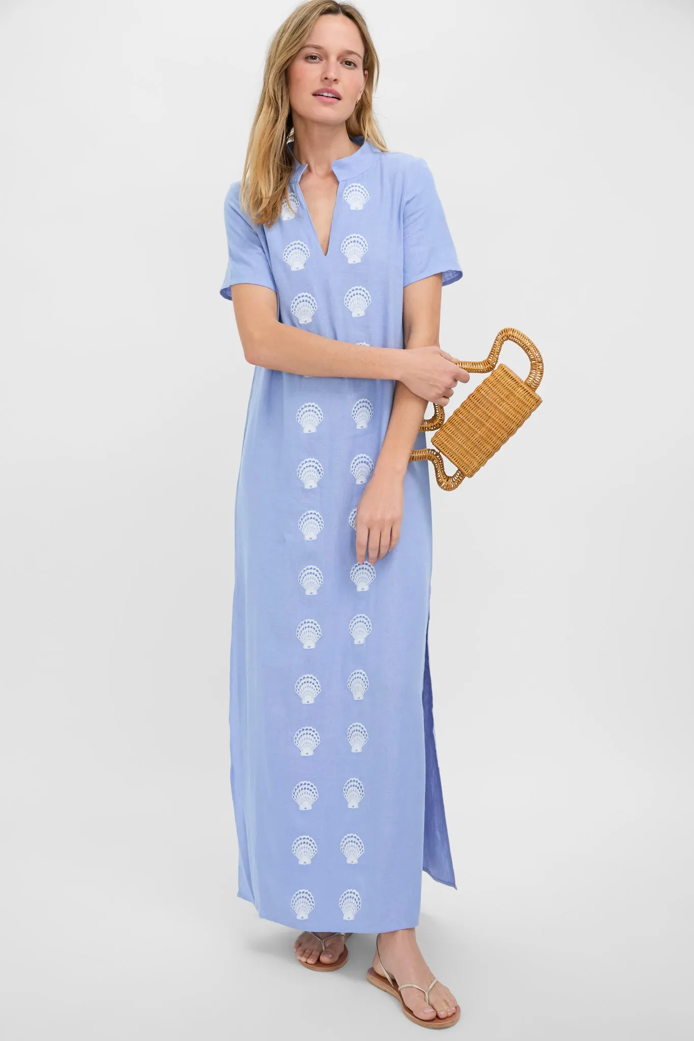 Blue and White Embroidered Shell Short Sleeve Caftan