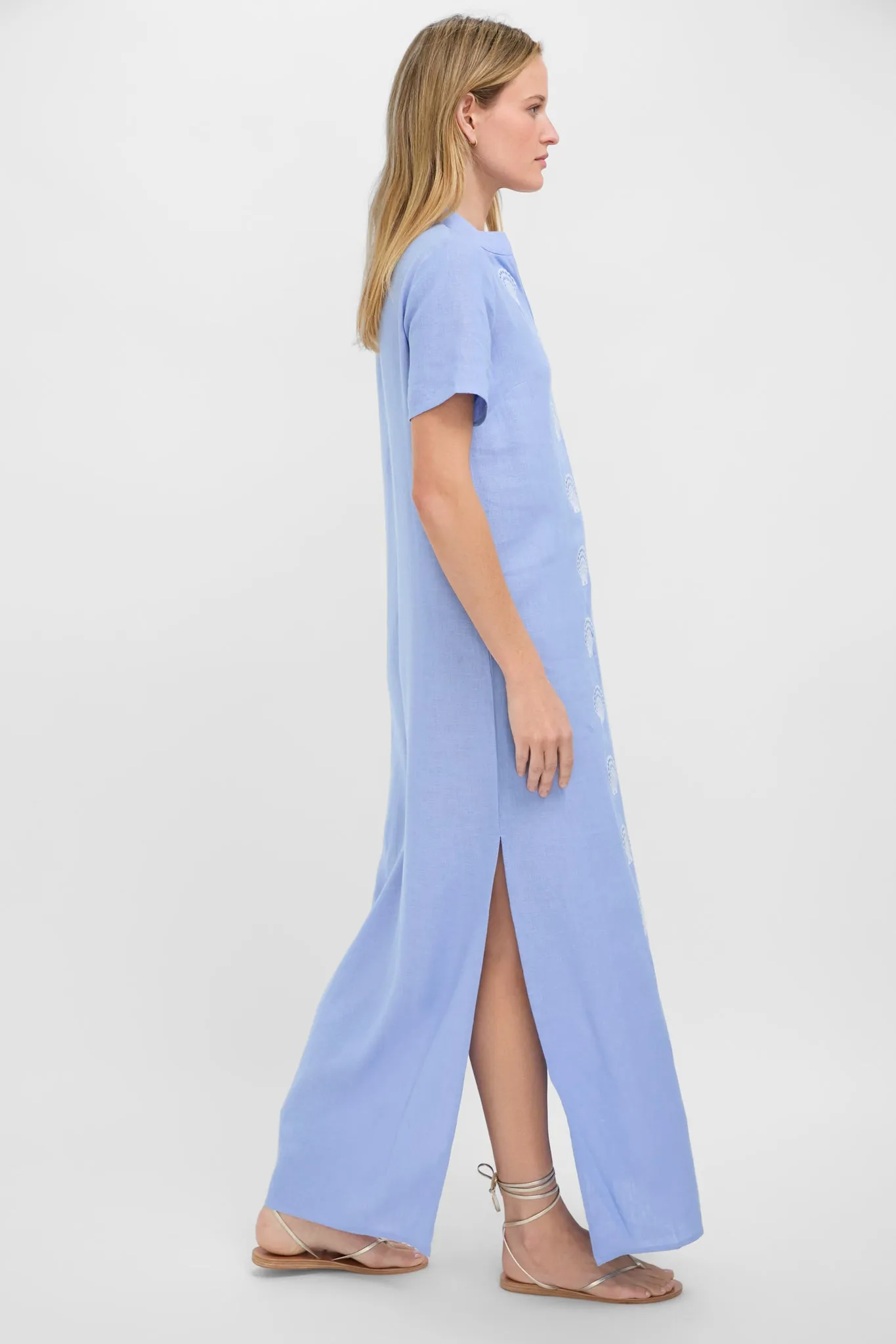 Blue and White Embroidered Shell Short Sleeve Caftan