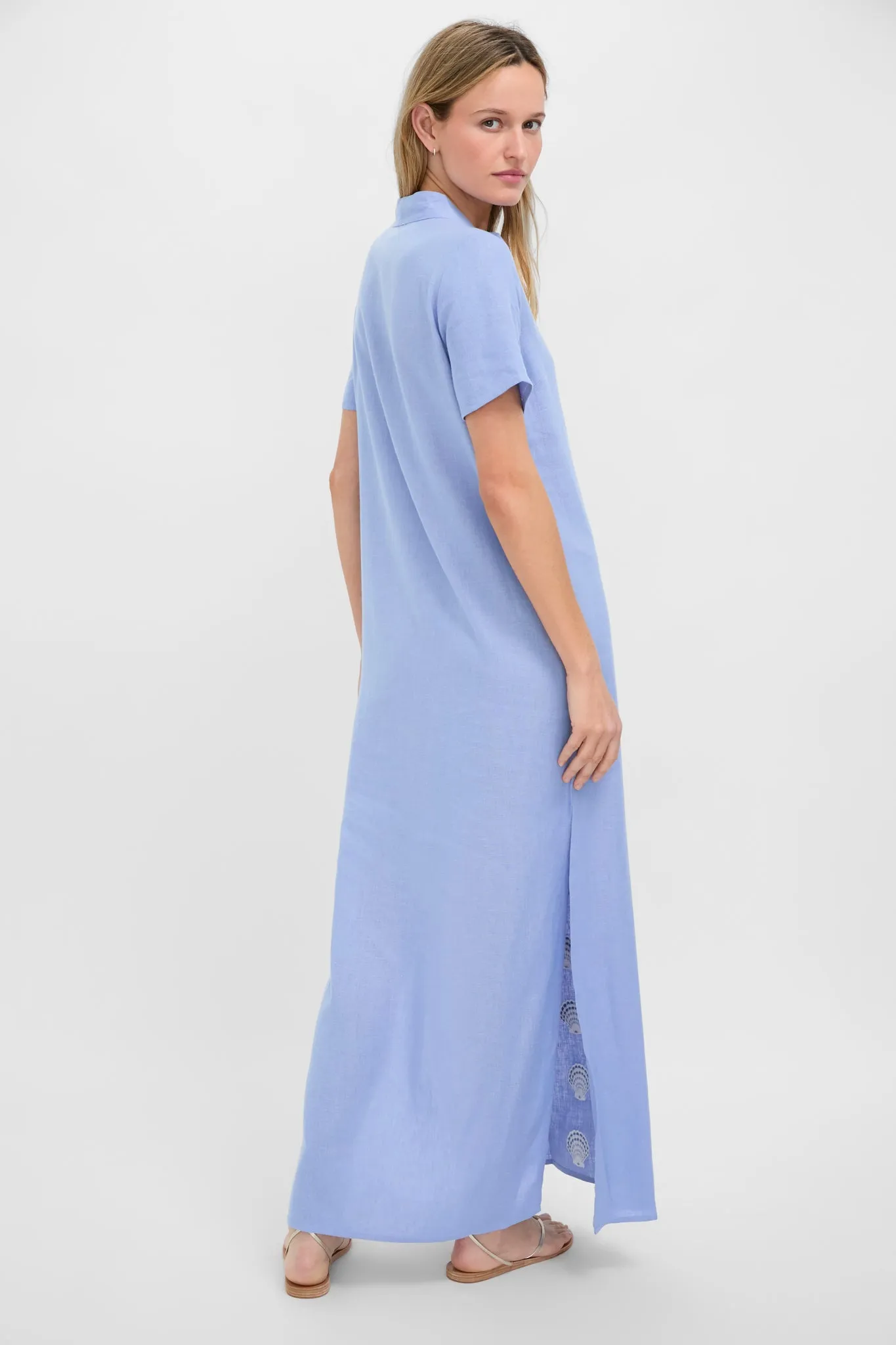 Blue and White Embroidered Shell Short Sleeve Caftan