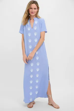 Blue and White Embroidered Shell Short Sleeve Caftan