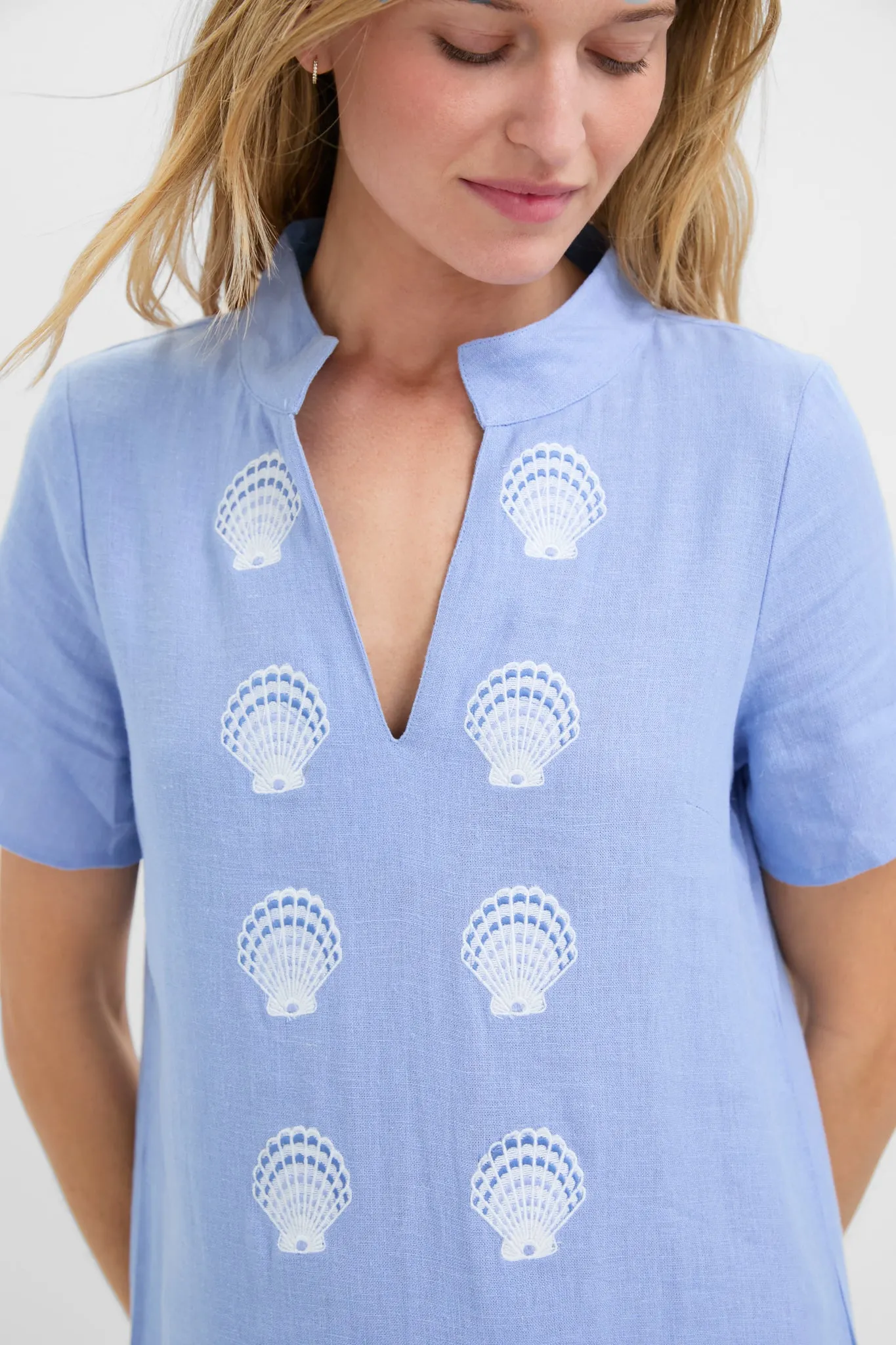 Blue and White Embroidered Shell Short Sleeve Caftan