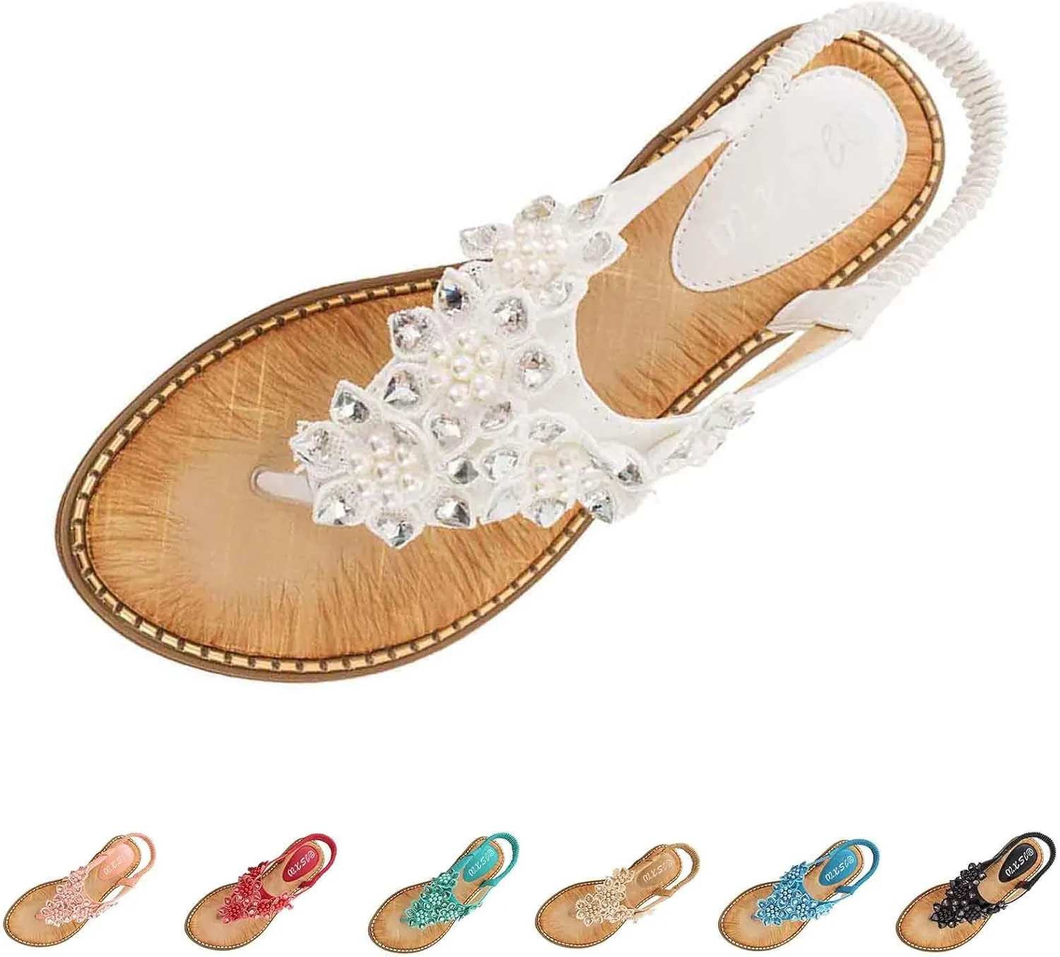 Bohemian Sandals For Women 2025 Flat Sandals for Women Dressy Comfortable Summer Flats Shoes Elastic Ankle Strap Boho Beaded Beach Sandal
