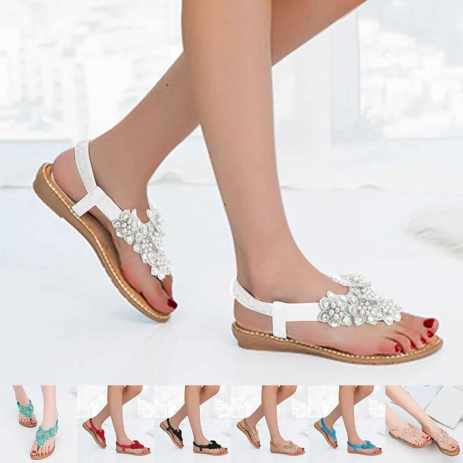 Bohemian Sandals For Women 2025 Flat Sandals for Women Dressy Comfortable Summer Flats Shoes Elastic Ankle Strap Boho Beaded Beach Sandal