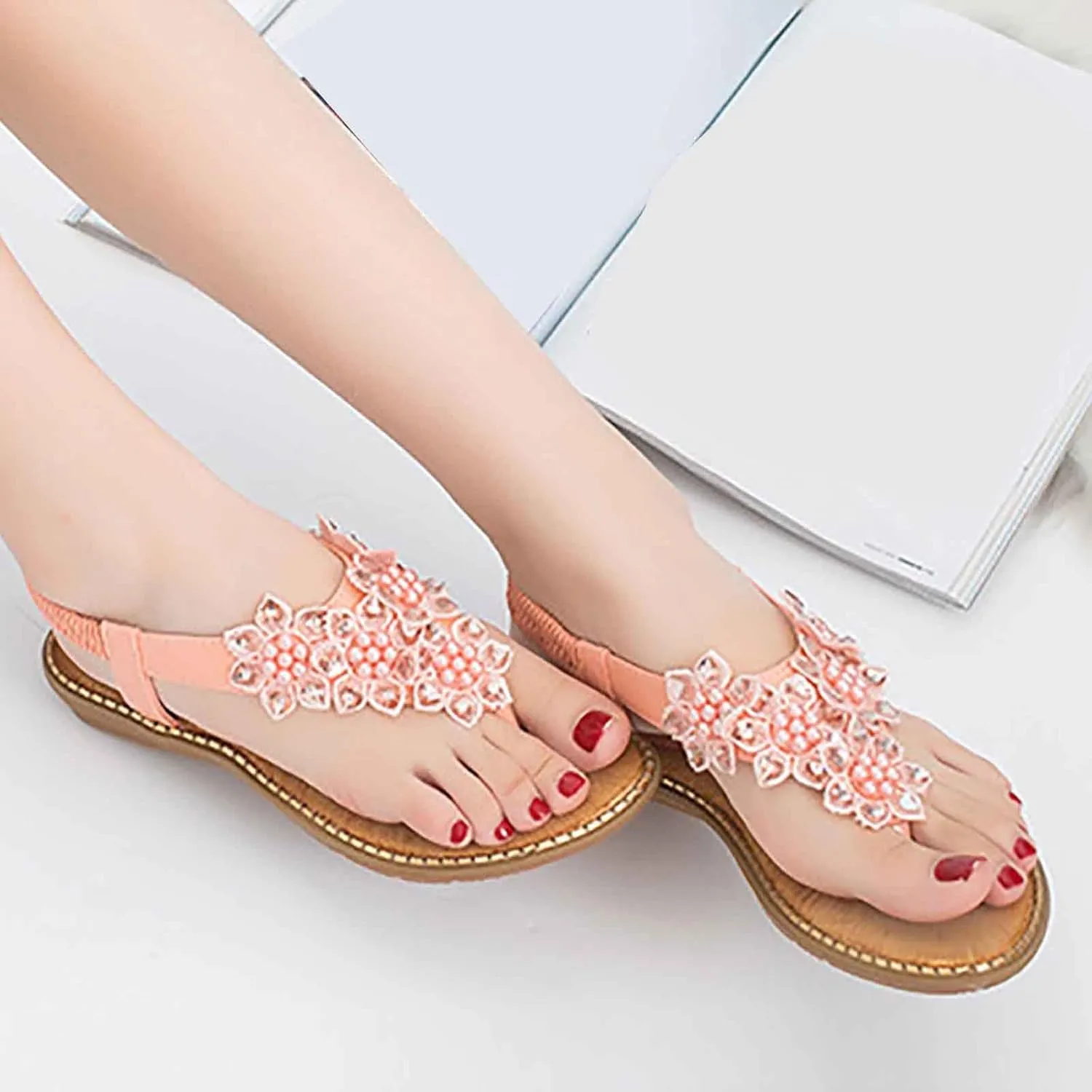 Bohemian Sandals For Women 2025 Flat Sandals for Women Dressy Comfortable Summer Flats Shoes Elastic Ankle Strap Boho Beaded Beach Sandal