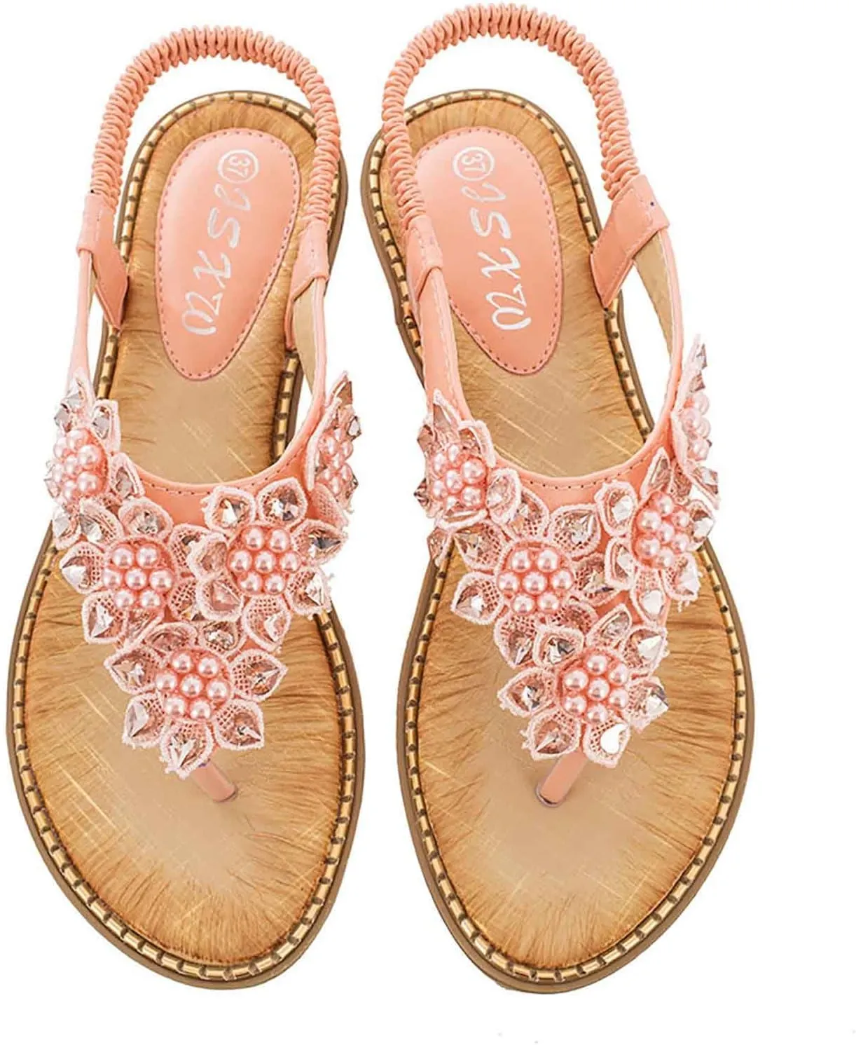 Bohemian Sandals For Women 2025 Flat Sandals for Women Dressy Comfortable Summer Flats Shoes Elastic Ankle Strap Boho Beaded Beach Sandal