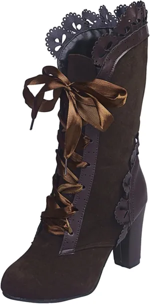 Boots for Women Fashion Victorian Mid Calf Retro Dress Boots Lace Up Almond Toe Pull On Mid Heel Vintage Dressy Short Boots