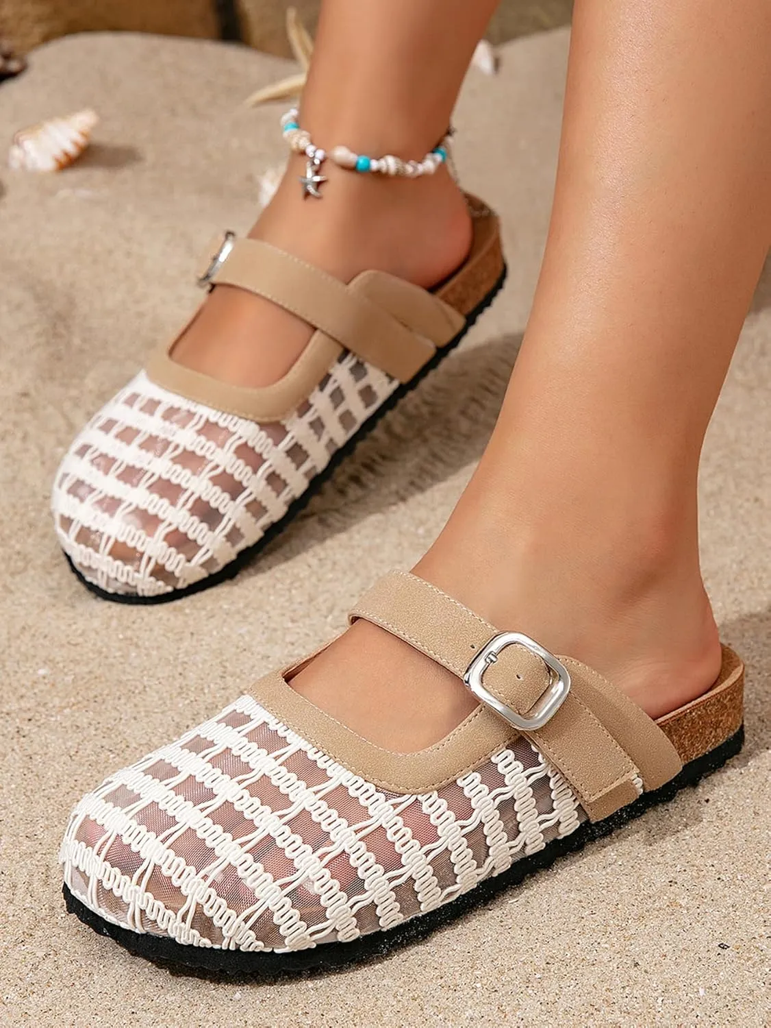 Breathable Woven Flat Sandals for Women – Adjustable Hook-and-Loop Straps with Metal Buckle, Lightweight Mesh Summer Shoes for Beach Walks, Vacations & Casual Outfits