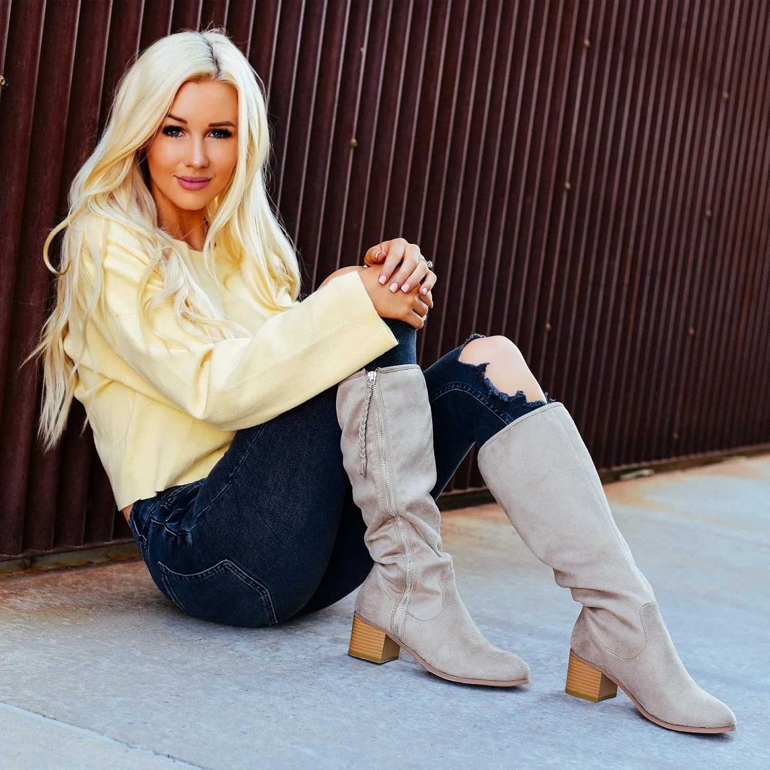 Brinley Co. Womens Regular and Wide Calf Faux Suede Mid-Calf Stacked Wood Heel Boots