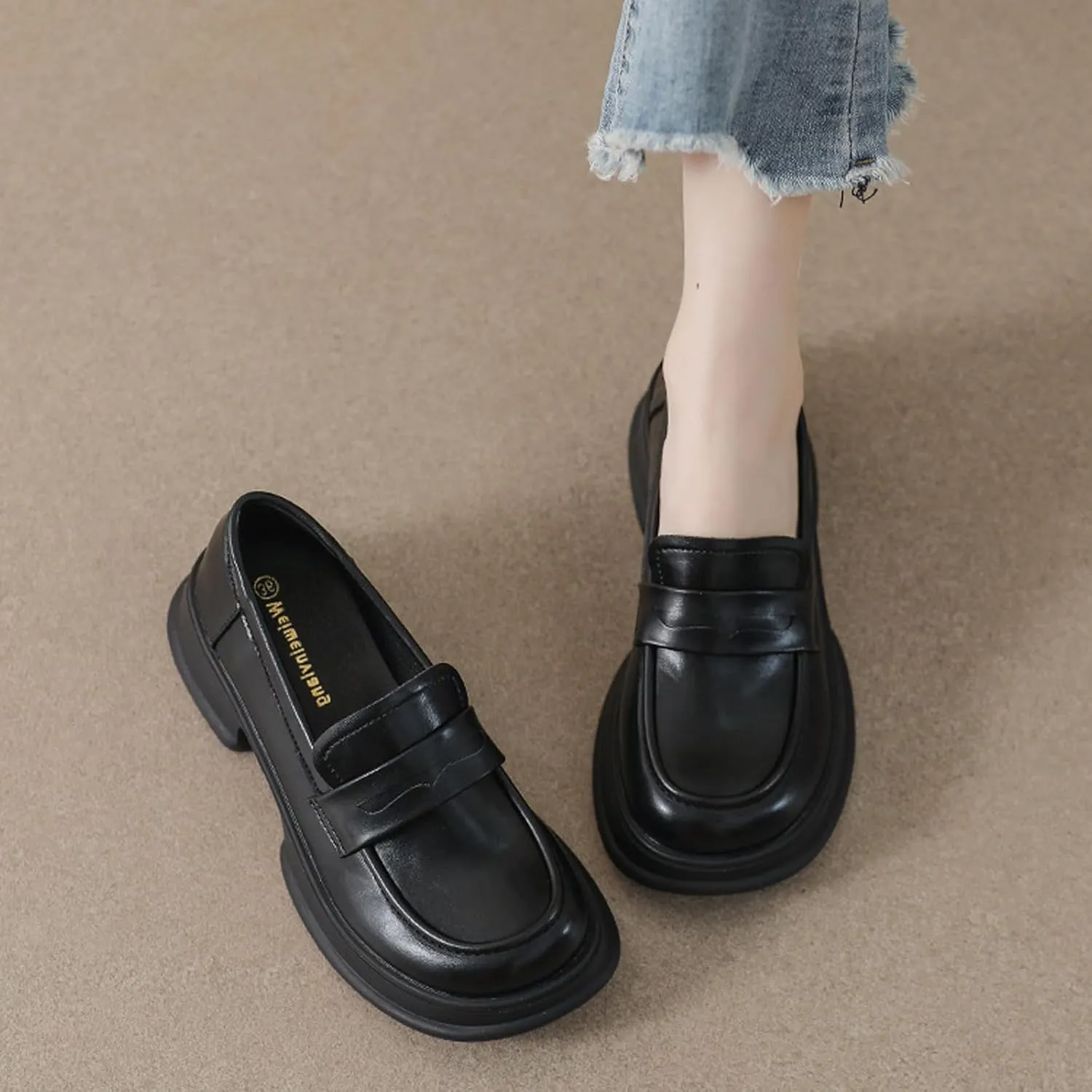 British Style Women's Patent Leather Slip-On Thick Sole Loafers Fashion Round Toe Chunky Heel Driving Walking Shoes Moccasin Lightweight Non-Slip Thick Sole Boat Shoes