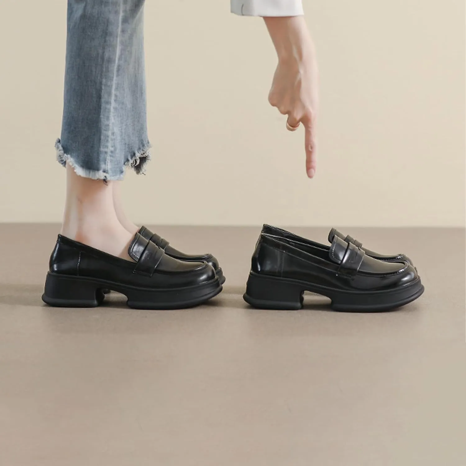 British Style Women's Patent Leather Slip-On Thick Sole Loafers Fashion Round Toe Chunky Heel Driving Walking Shoes Moccasin Lightweight Non-Slip Thick Sole Boat Shoes
