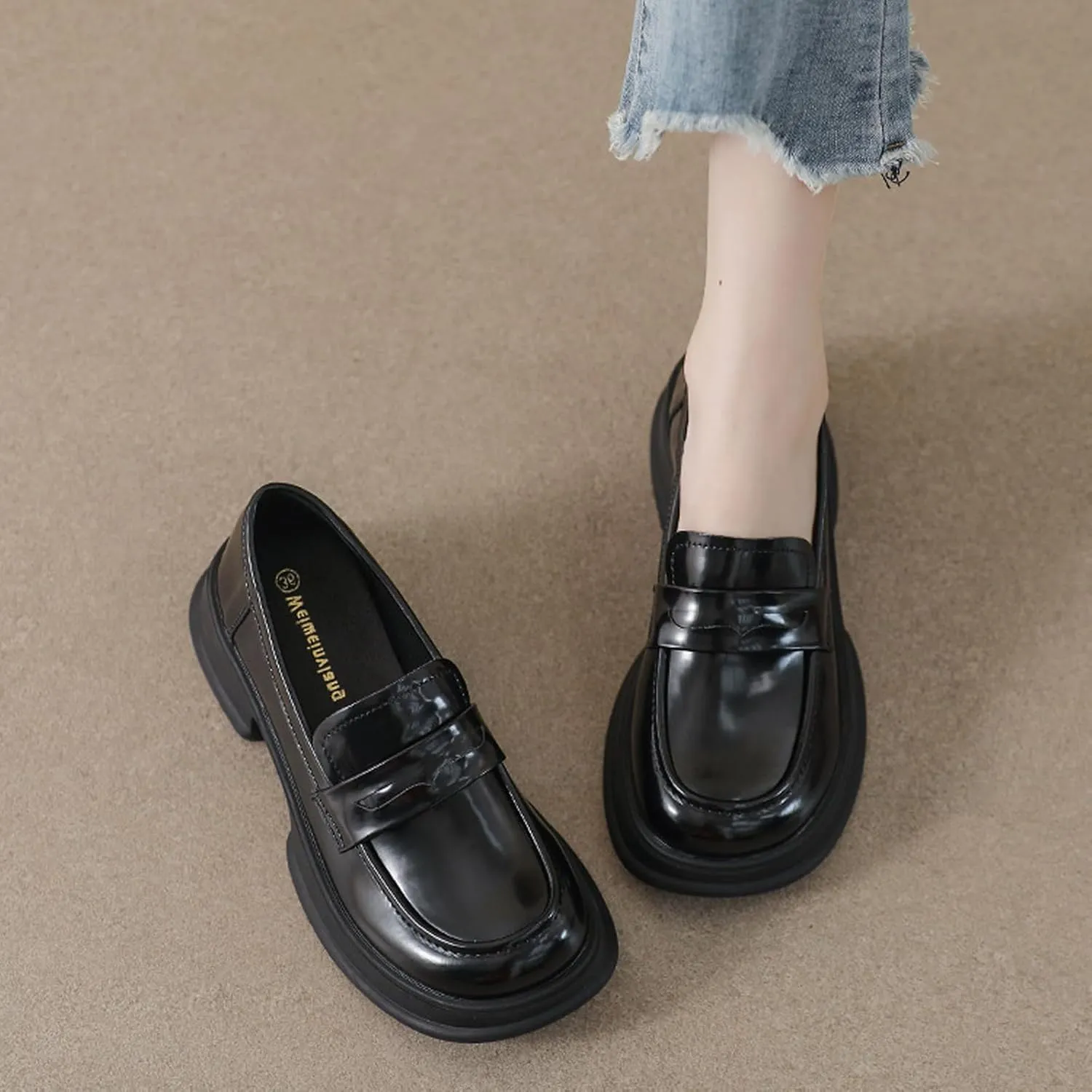 British Style Women's Patent Leather Slip-On Thick Sole Loafers Fashion Round Toe Chunky Heel Driving Walking Shoes Moccasin Lightweight Non-Slip Thick Sole Boat Shoes