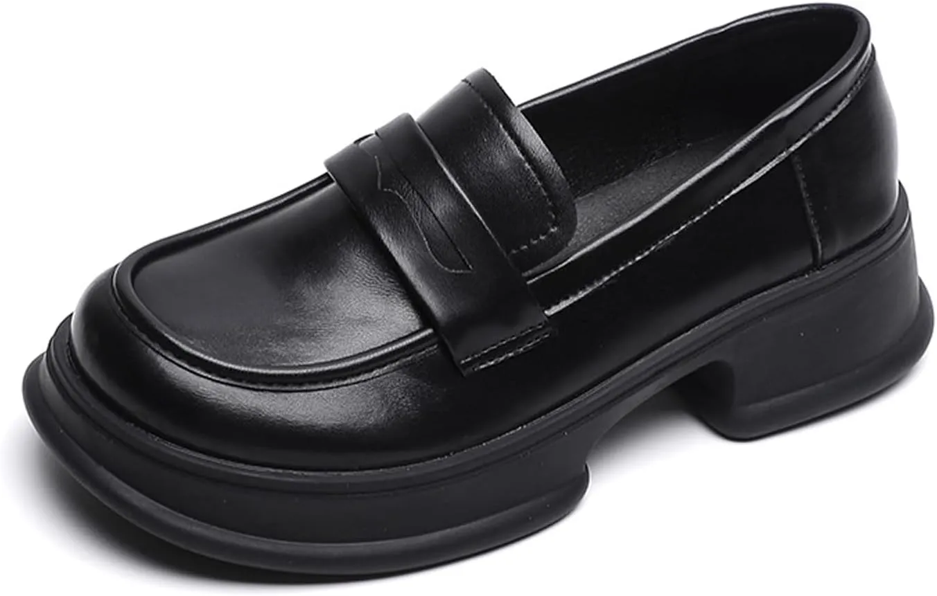 British Style Women's Patent Leather Slip-On Thick Sole Loafers Fashion Round Toe Chunky Heel Driving Walking Shoes Moccasin Lightweight Non-Slip Thick Sole Boat Shoes
