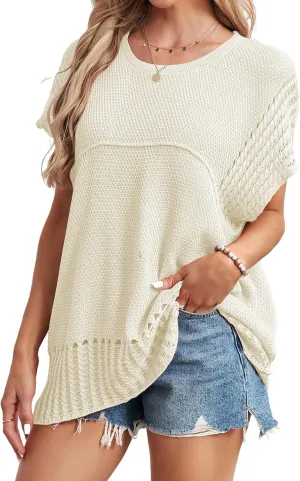 Cakulo Womens Summer Tops Crochet Short Sleeve Tunic Sweaters Waffle Knit Top 2025
