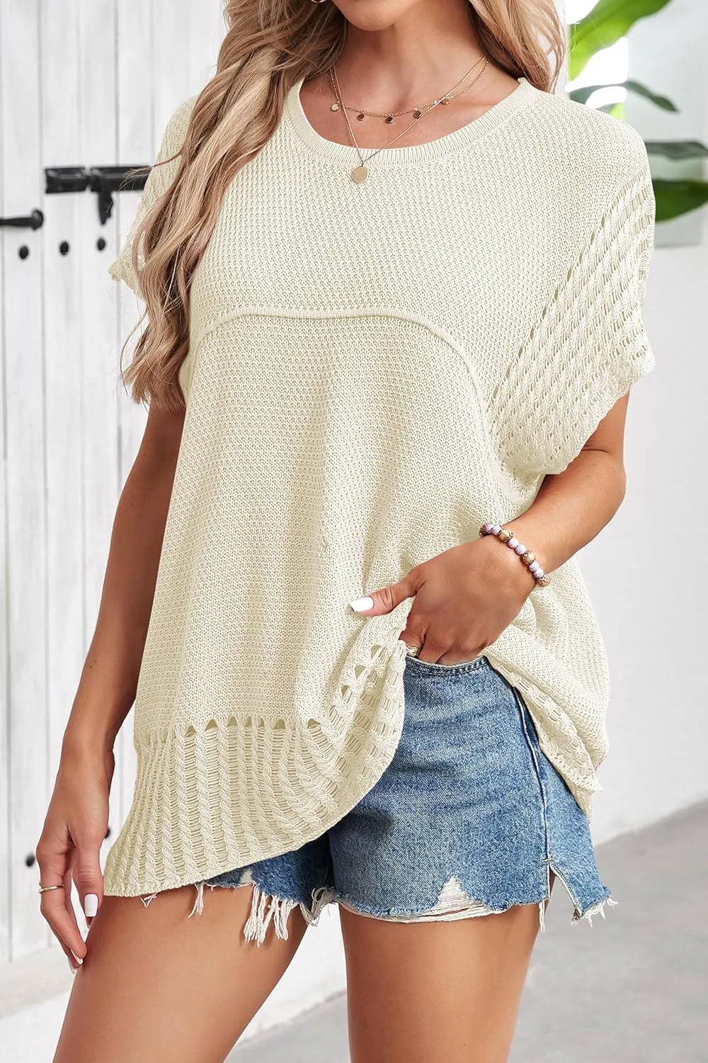 Cakulo Womens Summer Tops Crochet Short Sleeve Tunic Sweaters Waffle Knit Top 2025