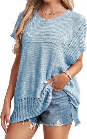Cakulo Womens Summer Tops Crochet Short Sleeve Tunic Sweaters Waffle Knit Top 2025