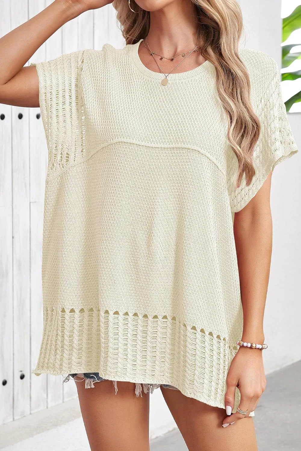 Cakulo Womens Summer Tops Crochet Short Sleeve Tunic Sweaters Waffle Knit Top 2025