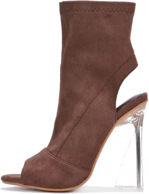 Cape Robbin Women's Clear Block Heel Ankle Booties - Faux Suede Round Peep Toe with Zipper Detail (Cally)