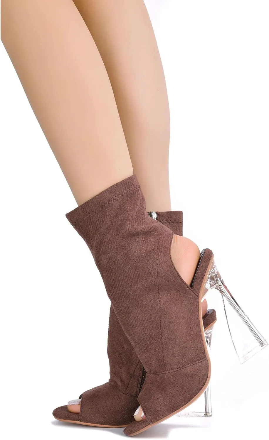 Cape Robbin Women's Clear Block Heel Ankle Booties - Faux Suede Round Peep Toe with Zipper Detail (Cally)