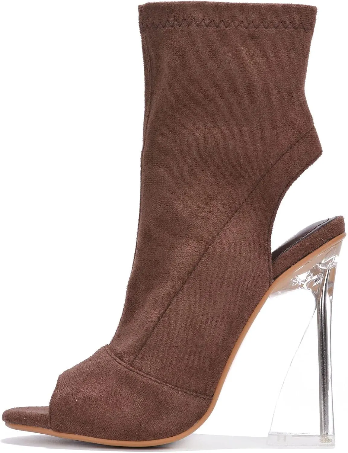 Cape Robbin Women's Clear Block Heel Ankle Booties - Faux Suede Round Peep Toe with Zipper Detail (Cally)