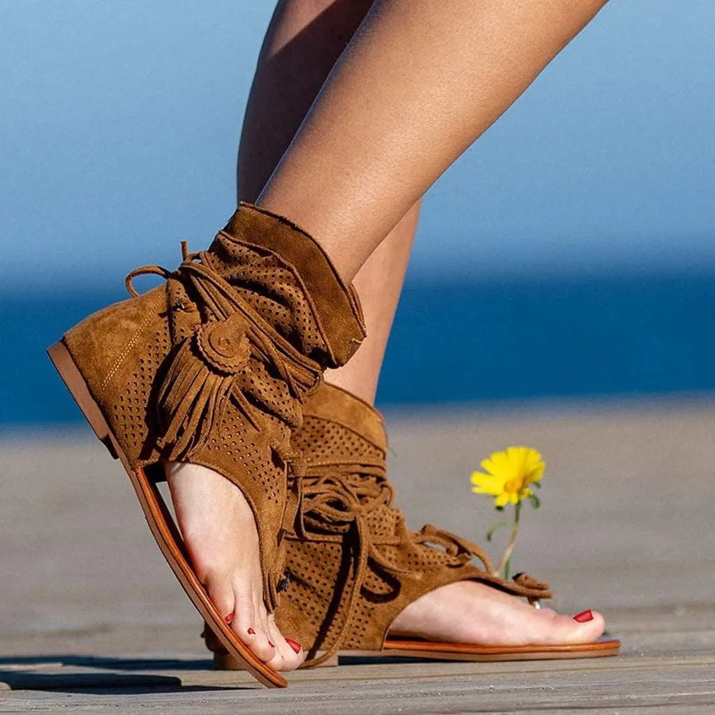 Casual Tassel Sandals for Women, Retro Bohemian Gladiator Fringe Sandals Flat Clip-Toe Flip-Flops Beach Sandals Shoes T-Strap Roman Open-Toe Sandals
