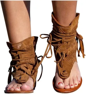 Casual Tassel Sandals for Women, Retro Bohemian Gladiator Fringe Sandals Flat Clip-Toe Flip-Flops Beach Sandals Shoes T-Strap Roman Open-Toe Sandals