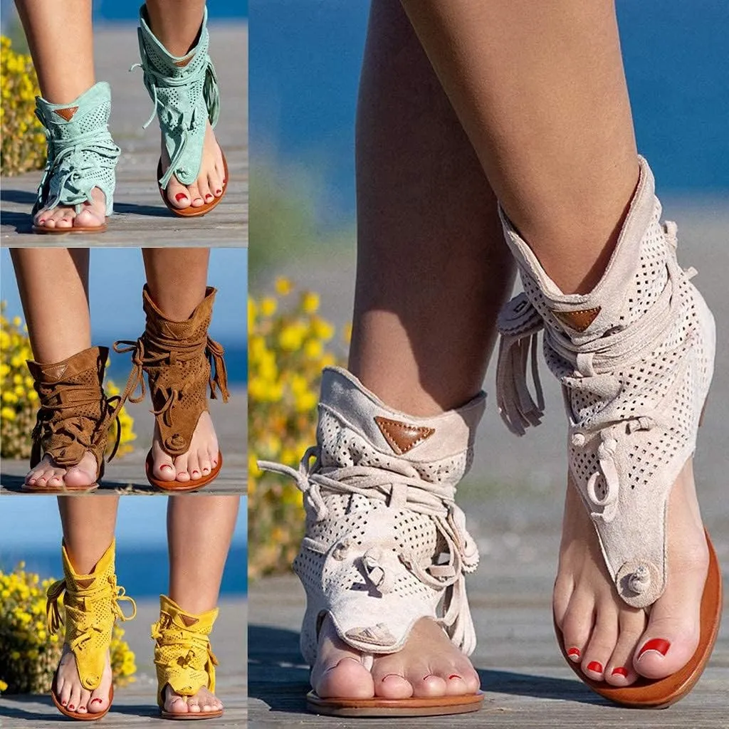 Casual Tassel Sandals for Women, Retro Bohemian Gladiator Fringe Sandals Flat Clip-Toe Flip-Flops Beach Sandals Shoes T-Strap Roman Open-Toe Sandals