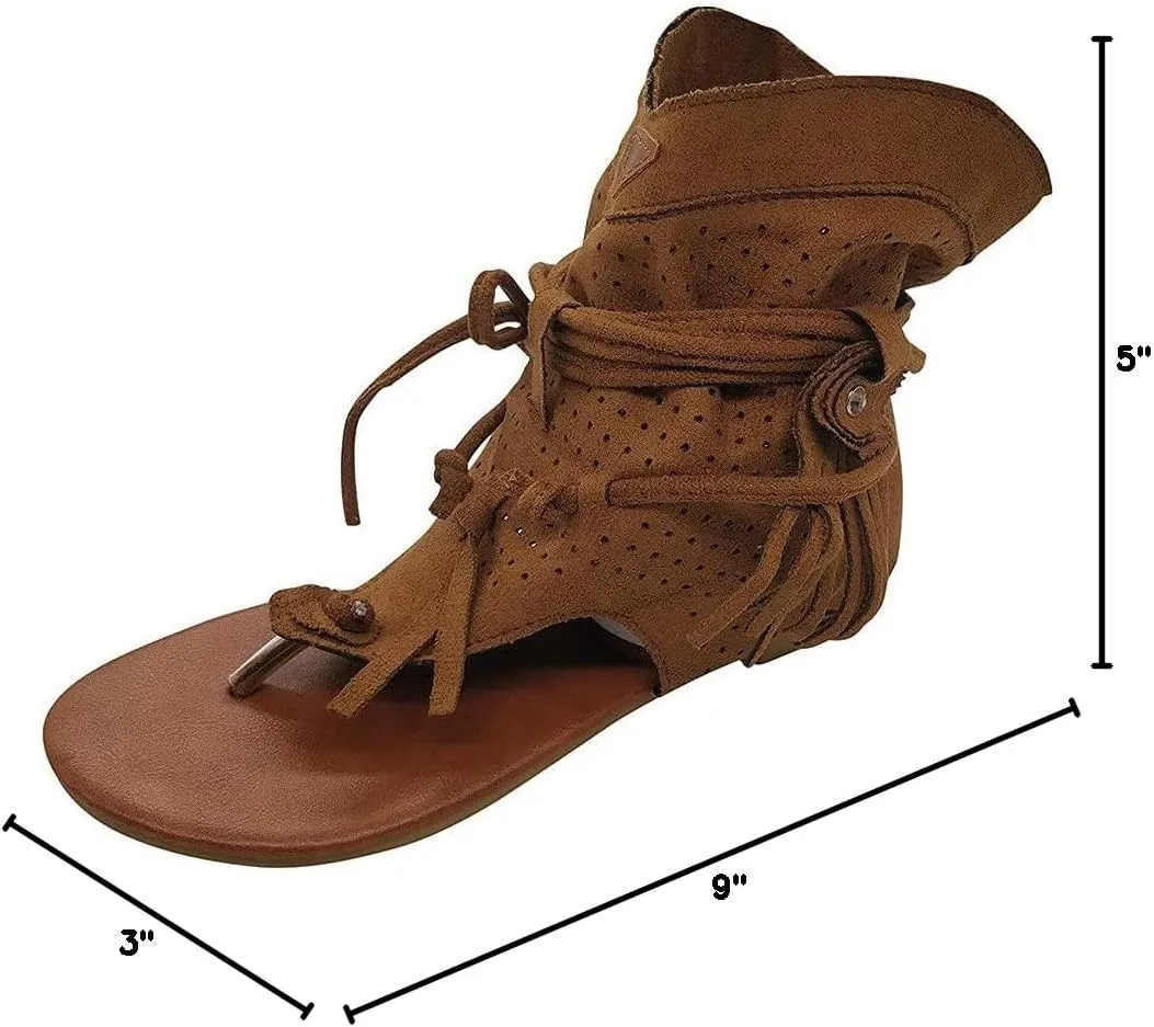 Casual Tassel Sandals for Women, Retro Bohemian Gladiator Fringe Sandals Flat Clip-Toe Flip-Flops Beach Sandals Shoes T-Strap Roman Open-Toe Sandals