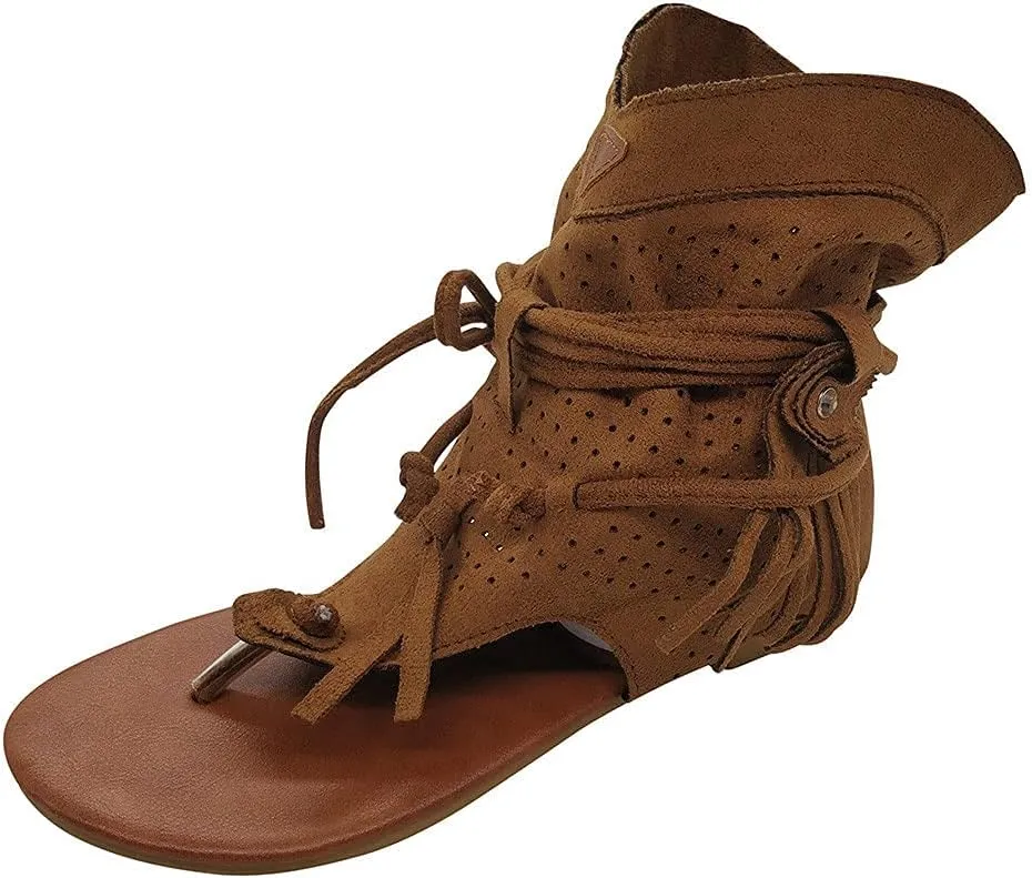 Casual Tassel Sandals for Women, Retro Bohemian Gladiator Fringe Sandals Flat Clip-Toe Flip-Flops Beach Sandals Shoes T-Strap Roman Open-Toe Sandals