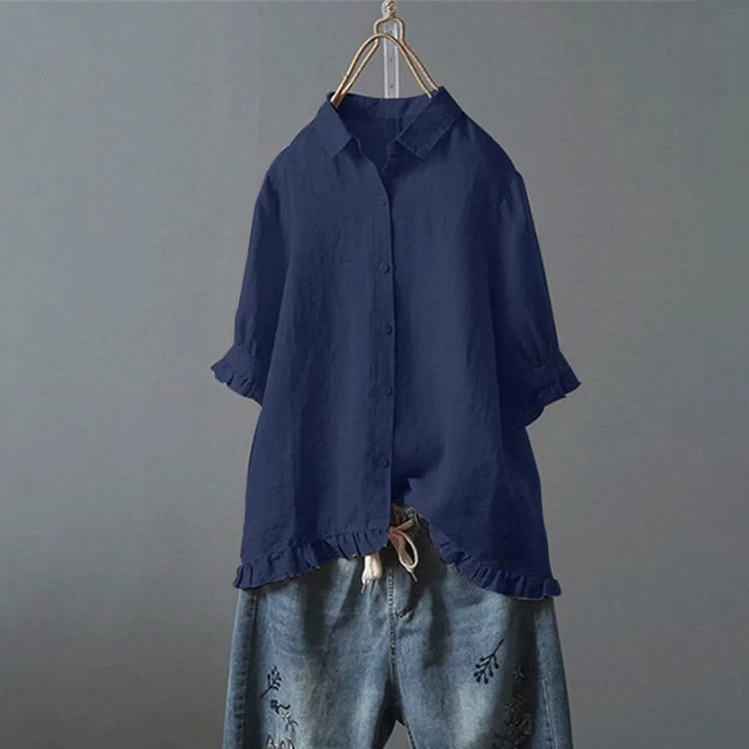 Ceboyel Women Button Down Linen Shirts Solid Summer Casual Blouses Ruffle Hem Flowy Tops Trendy Ladies Going Out Clothes 2023