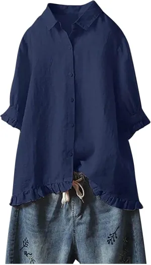 Ceboyel Women Button Down Linen Shirts Solid Summer Casual Blouses Ruffle Hem Flowy Tops Trendy Ladies Going Out Clothes 2023