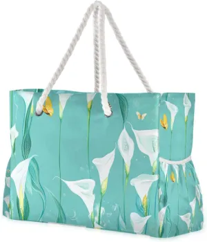 Chic Calla Lily Turquoise Flowers Travel Duffel Bag, Sports Waterproof Sandproof with side pockets Large Womens Tote Bag for Travel Gym Vacation