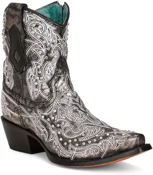 Corral Boots Womens Art 21 Crystal Tooled Inlay Snip Toe Casual Boots Ankle Low Heel 1-2" - Black