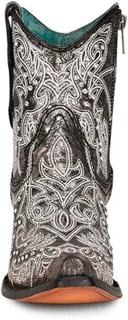 Corral Boots Womens Art 21 Crystal Tooled Inlay Snip Toe Casual Boots Ankle Low Heel 1-2" - Black