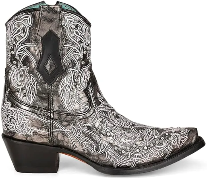 Corral Boots Womens Art 21 Crystal Tooled Inlay Snip Toe Casual Boots Ankle Low Heel 1-2" - Black